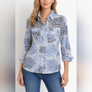 Vintage JM Collection Blue and Black Print Top Large